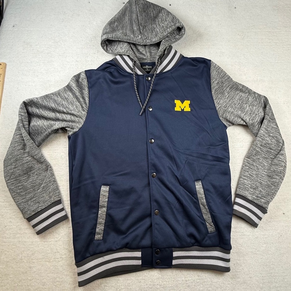 Colosseum Michigan Wolverines Varsity Hooded Jacket Mens Large Navy Gray Snap